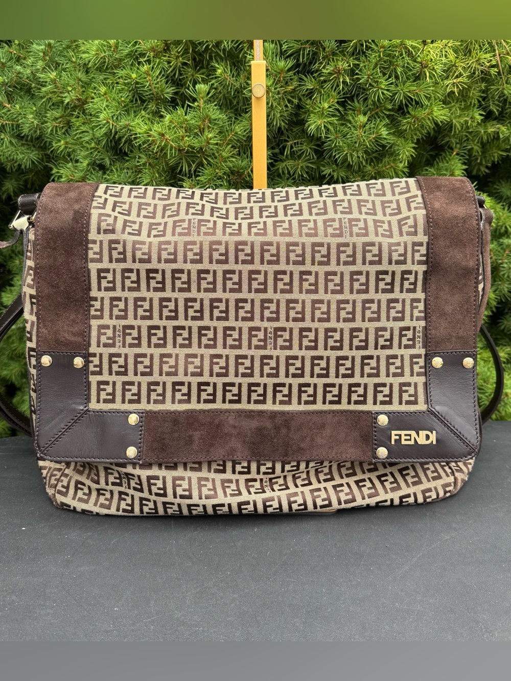Fendi Vintage Brown Zucca Canvas and Suede Messenger Bag